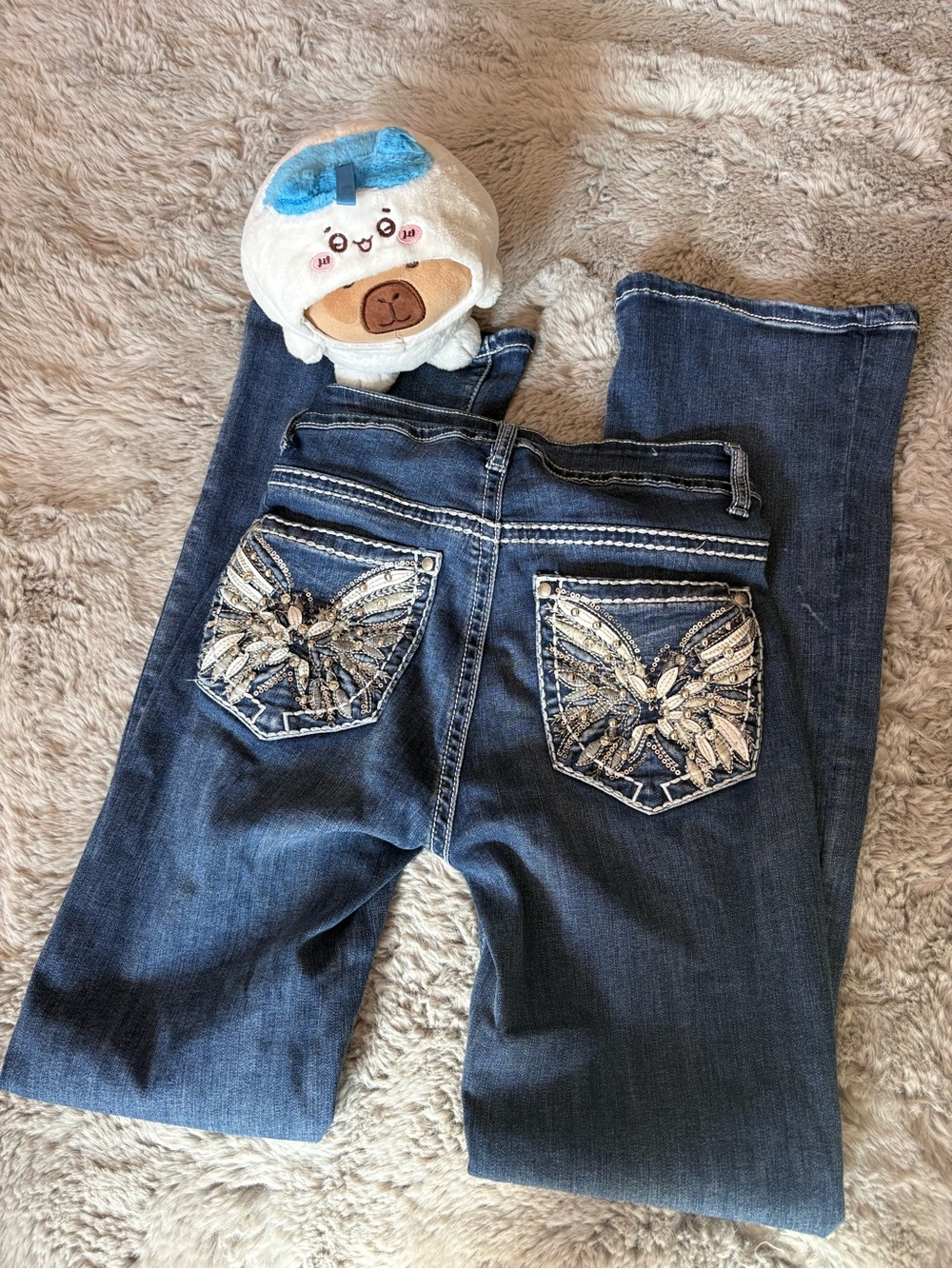 H&Y Fashion Dark Wash Embellished Wing Pocket Bootcut Denim Jeans Size 3/4